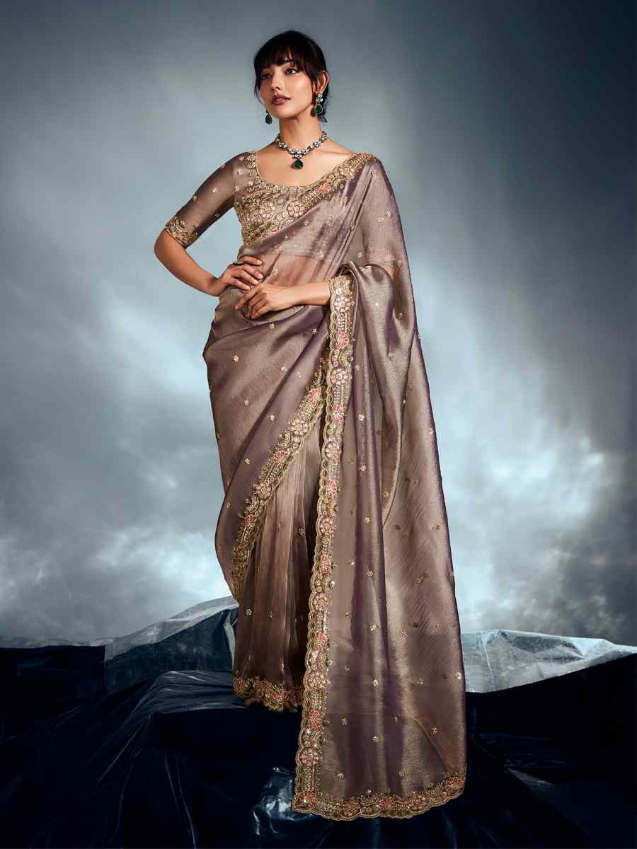 Brown Tissue Organza Silk Embroidery Bridal Cocktail Party Reception Wedding Wear Heavy Border Sarees