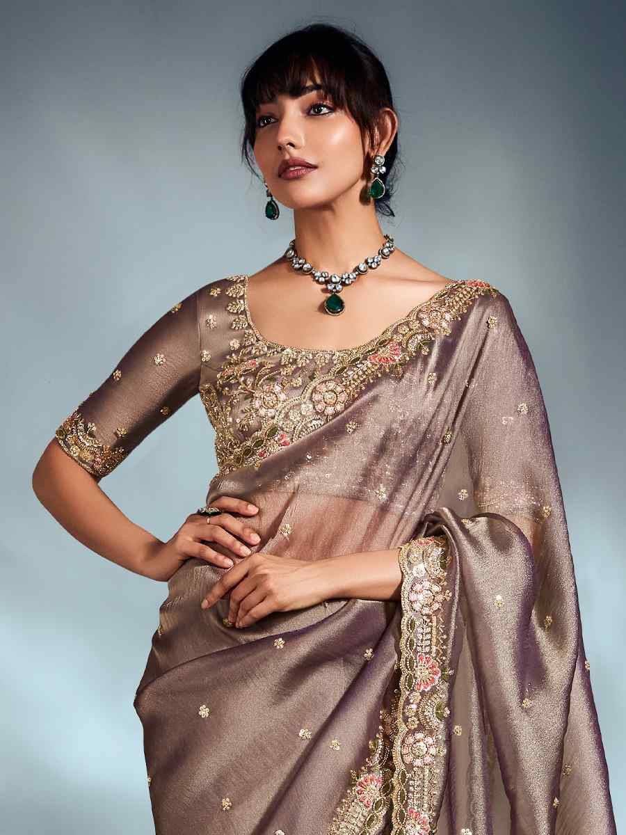 Brown Tissue Organza Silk Embroidery Bridal Cocktail Party Reception Wedding Wear Heavy Border Sarees