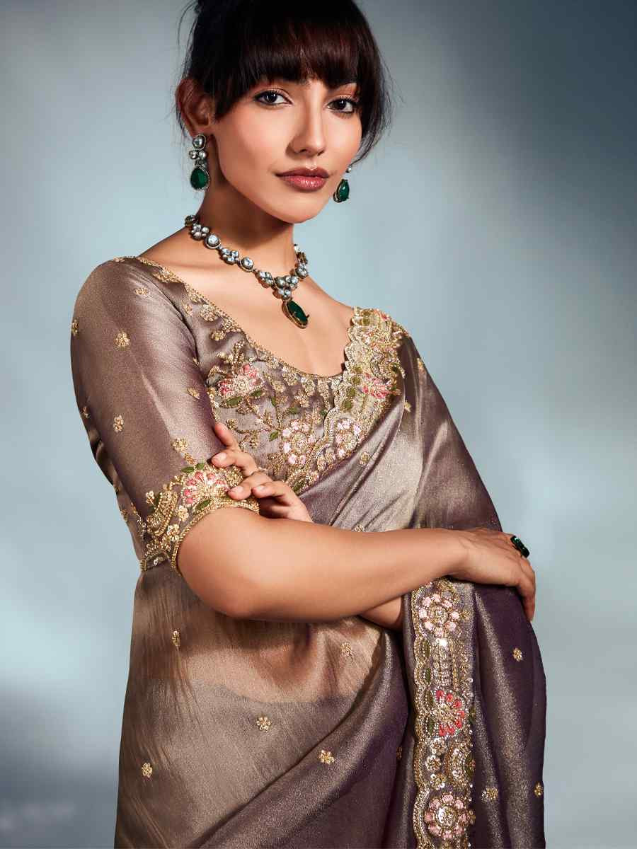 Brown Tissue Organza Silk Embroidery Bridal Cocktail Party Reception Wedding Wear Heavy Border Sarees