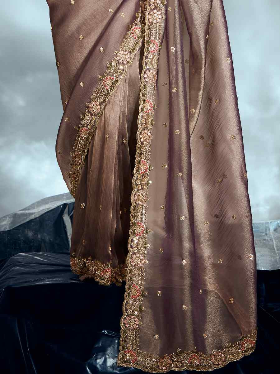 Brown Tissue Organza Silk Embroidery Bridal Cocktail Party Reception Wedding Wear Heavy Border Sarees