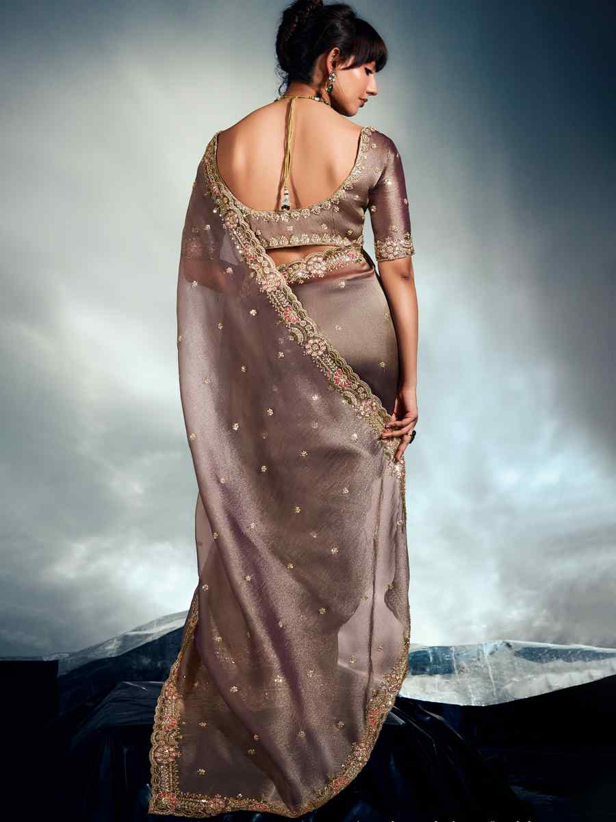 Brown Tissue Organza Silk Embroidery Bridal Cocktail Party Reception Wedding Wear Heavy Border Sarees