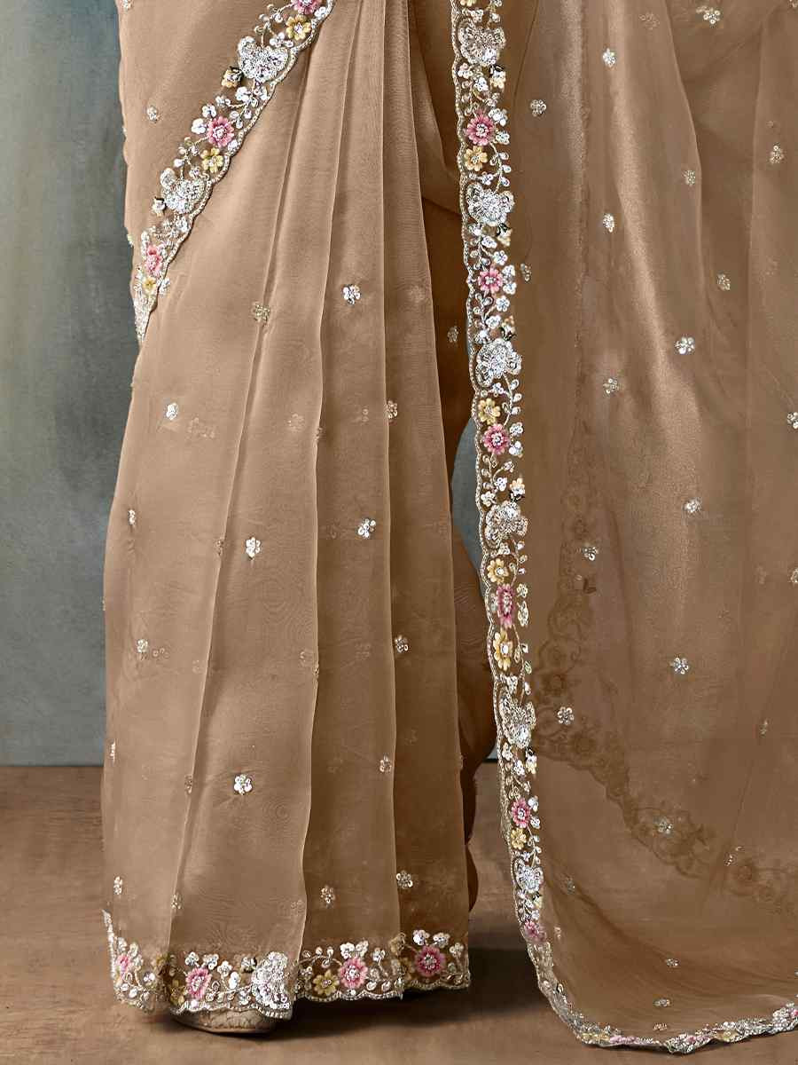 Brown Tissue Silk Embroidered Festival Wedding Fancy Heavy Border Saree