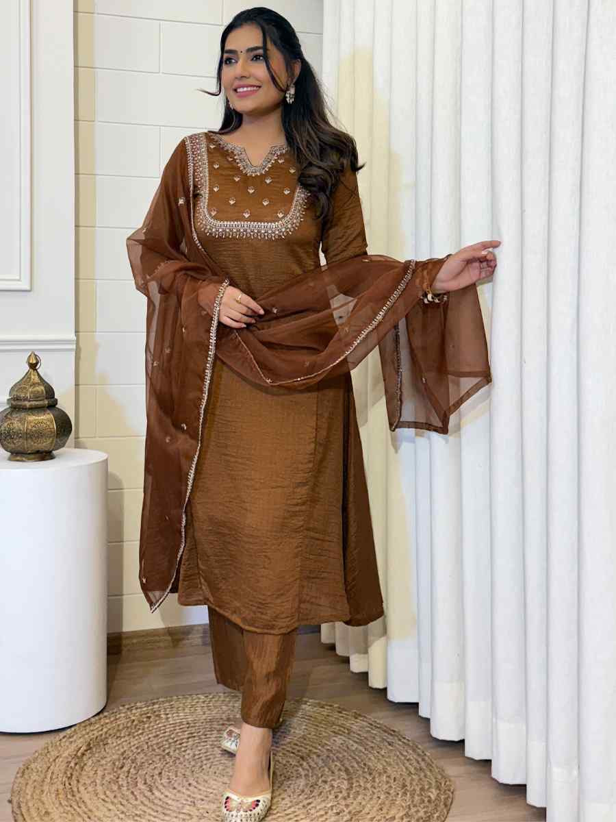 Brown Vichitra Silk Embroidered Festival Casual Ready Pant Salwar Kameez