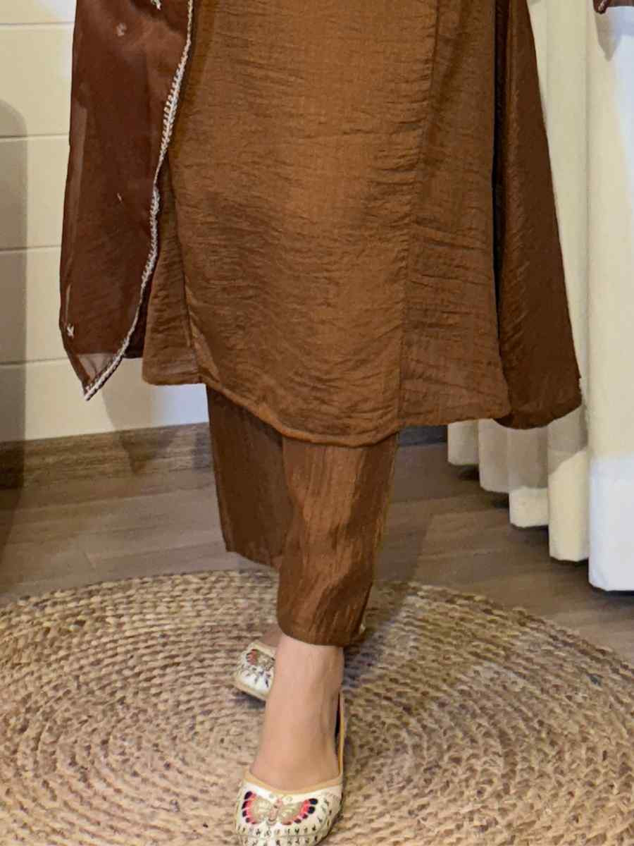 Brown Vichitra Silk Embroidered Festival Casual Ready Pant Salwar Kameez
