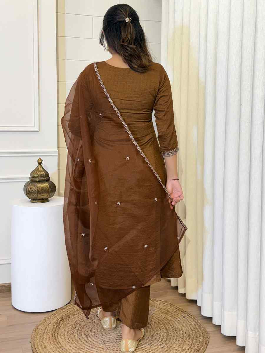 Brown Vichitra Silk Embroidered Festival Casual Ready Pant Salwar Kameez
