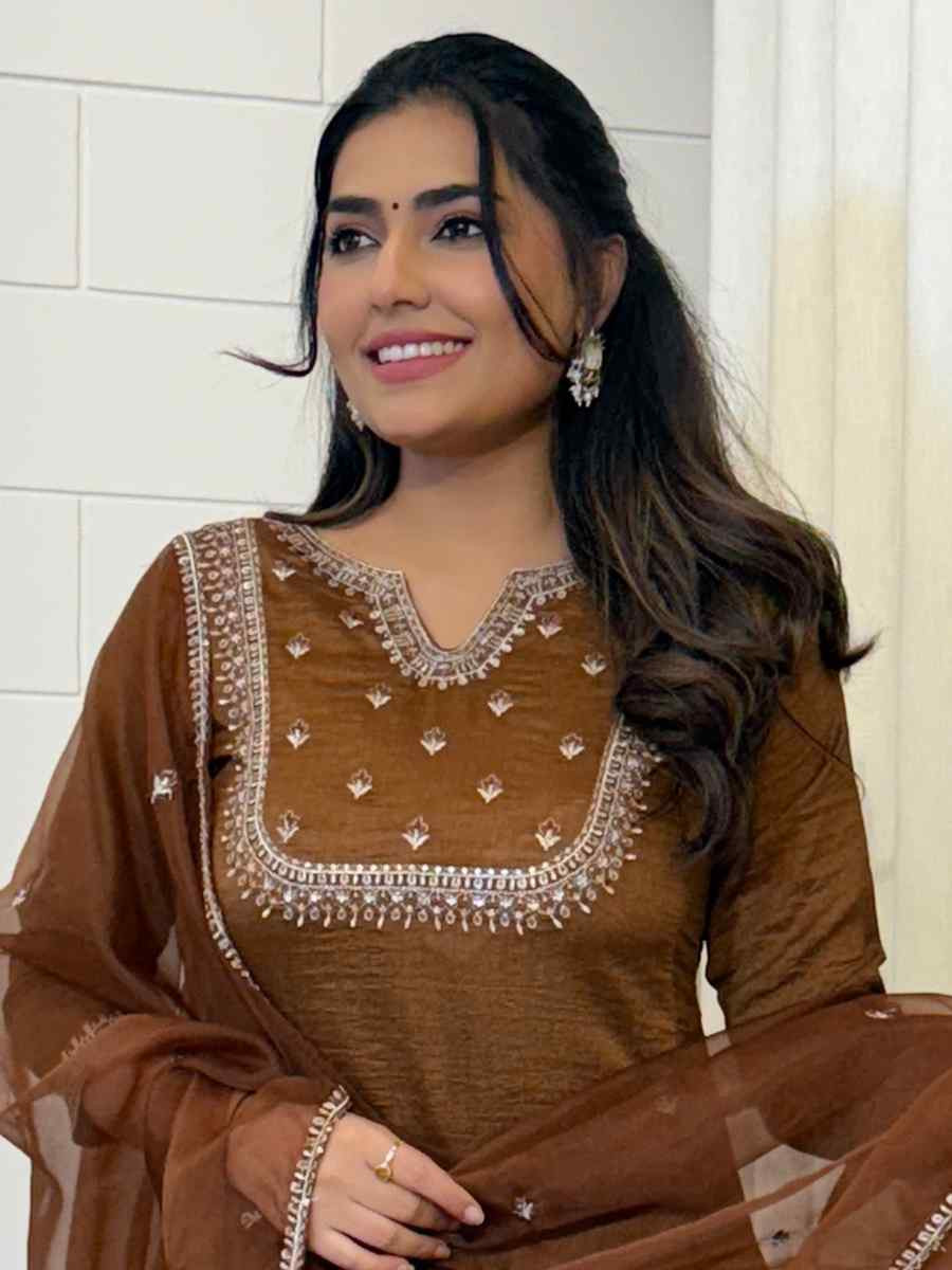 Brown Vichitra Silk Embroidered Festival Casual Ready Pant Salwar Kameez