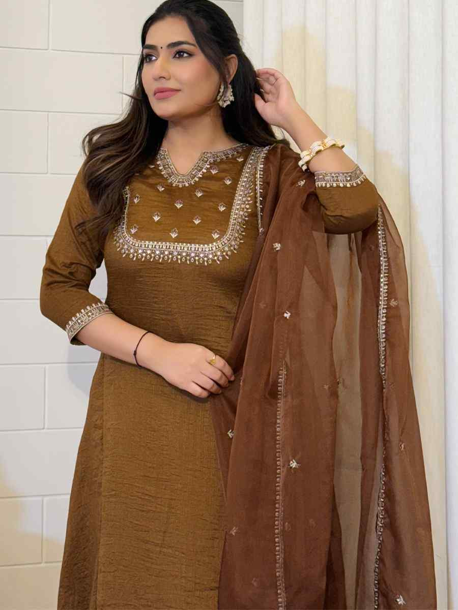 Brown Vichitra Silk Embroidered Festival Casual Ready Pant Salwar Kameez