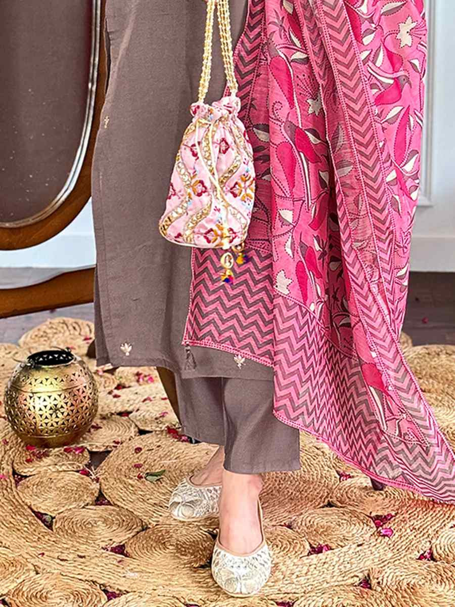 Brown Viscose Chanderi Embroidered Festival Casual Ready Pant Salwar Kameez