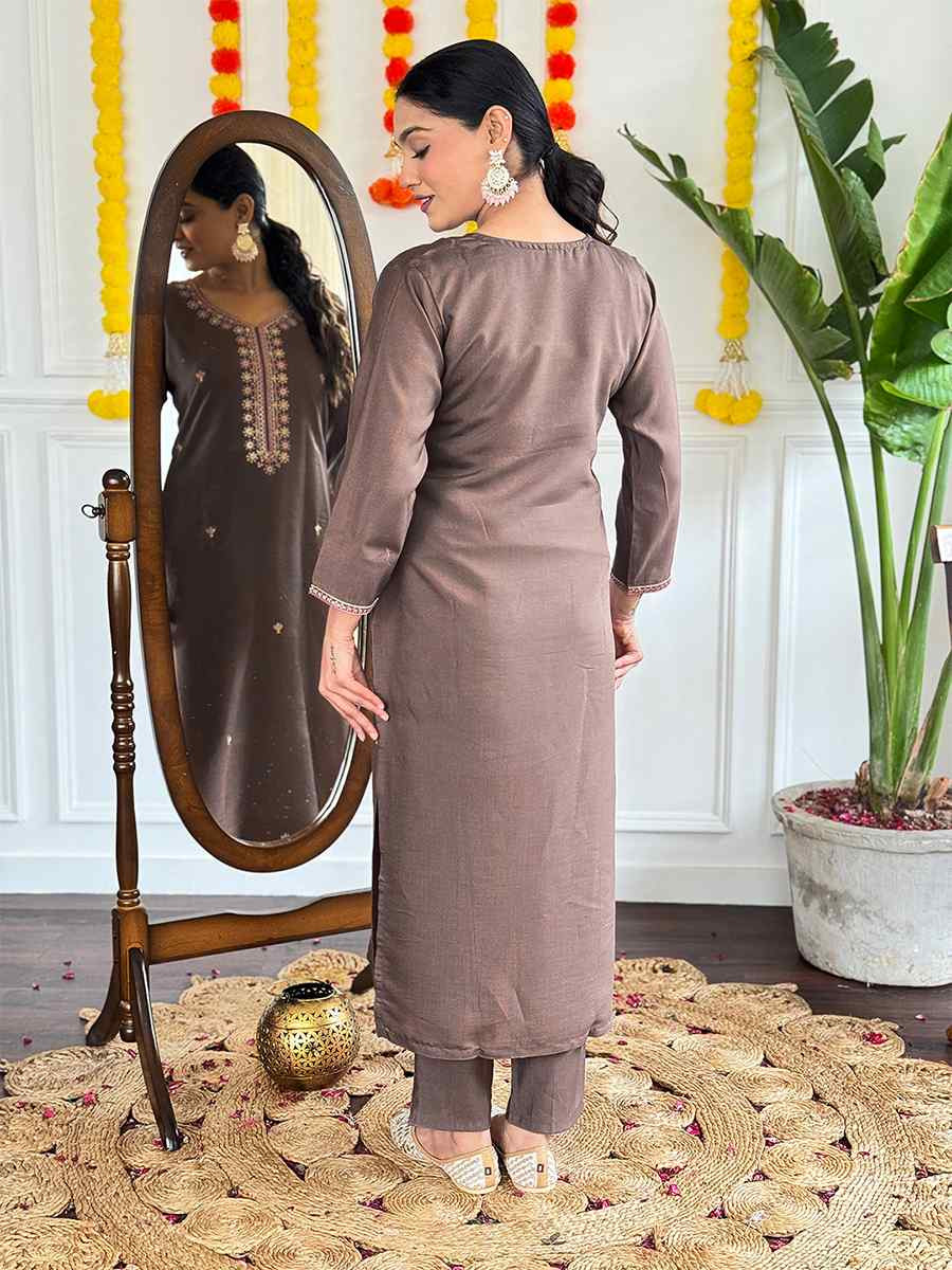 Brown Viscose Chanderi Embroidered Festival Casual Ready Pant Salwar Kameez