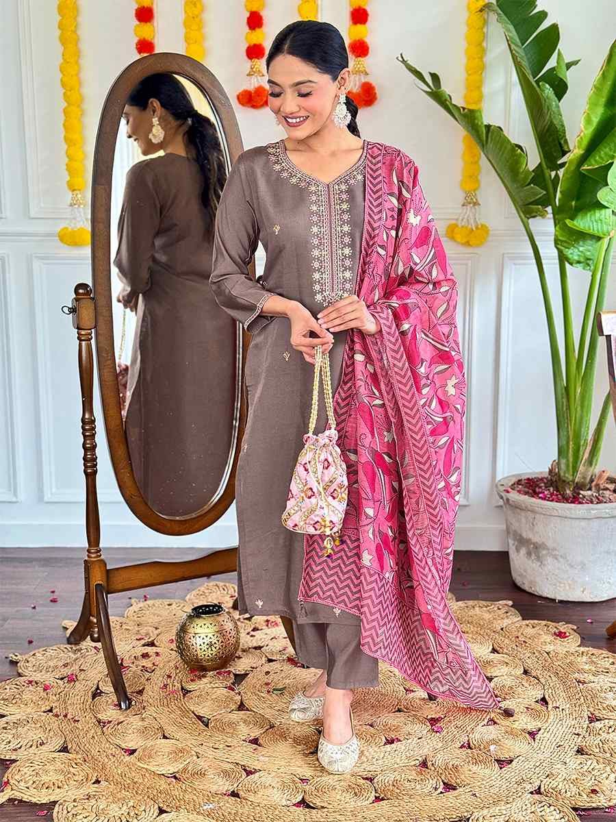 Brown Viscose Chanderi Embroidered Festival Casual Ready Pant Salwar Kameez
