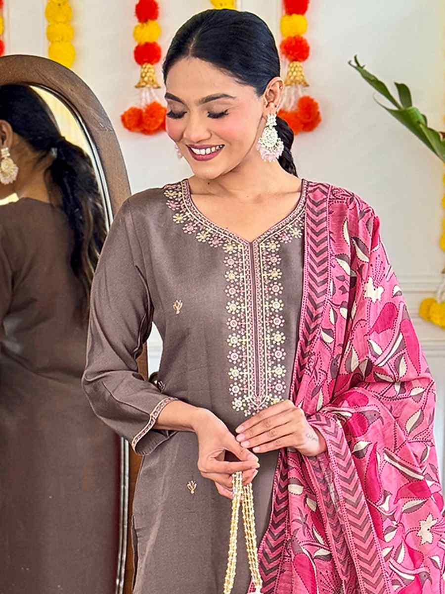 Brown Viscose Chanderi Embroidered Festival Casual Ready Pant Salwar Kameez