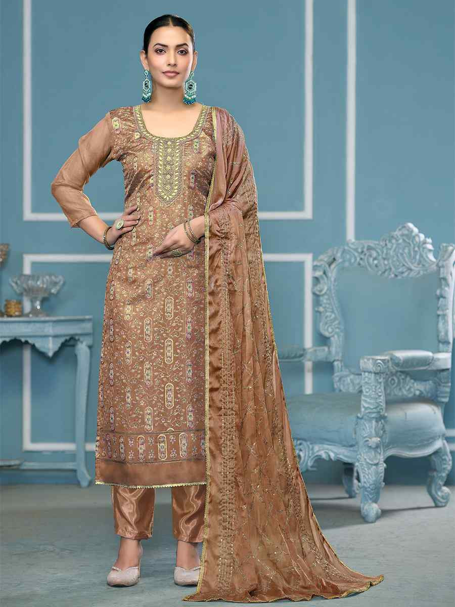 Brown Viscose Organza Embroidered Wedding Festival Pant Salwar Kameez