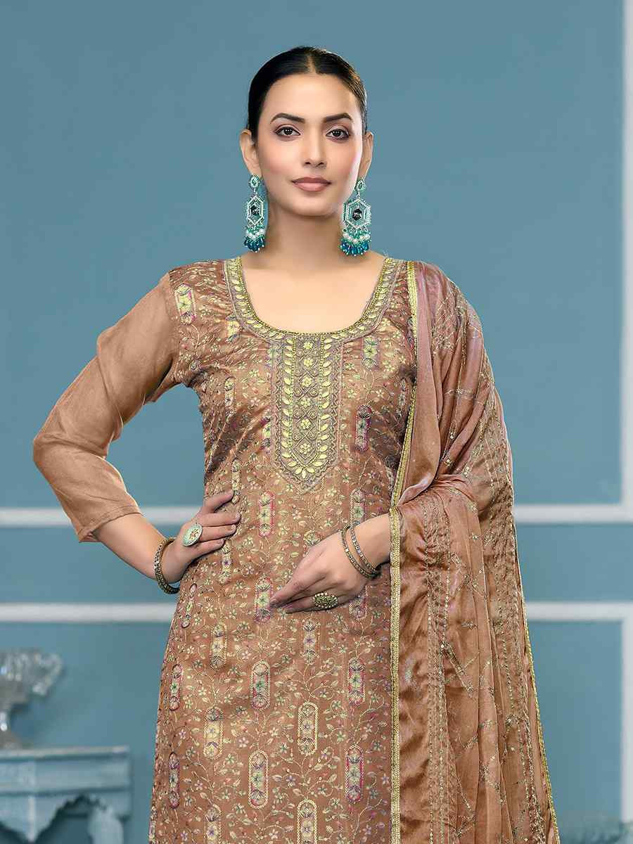 Brown Viscose Organza Embroidered Wedding Festival Pant Salwar Kameez