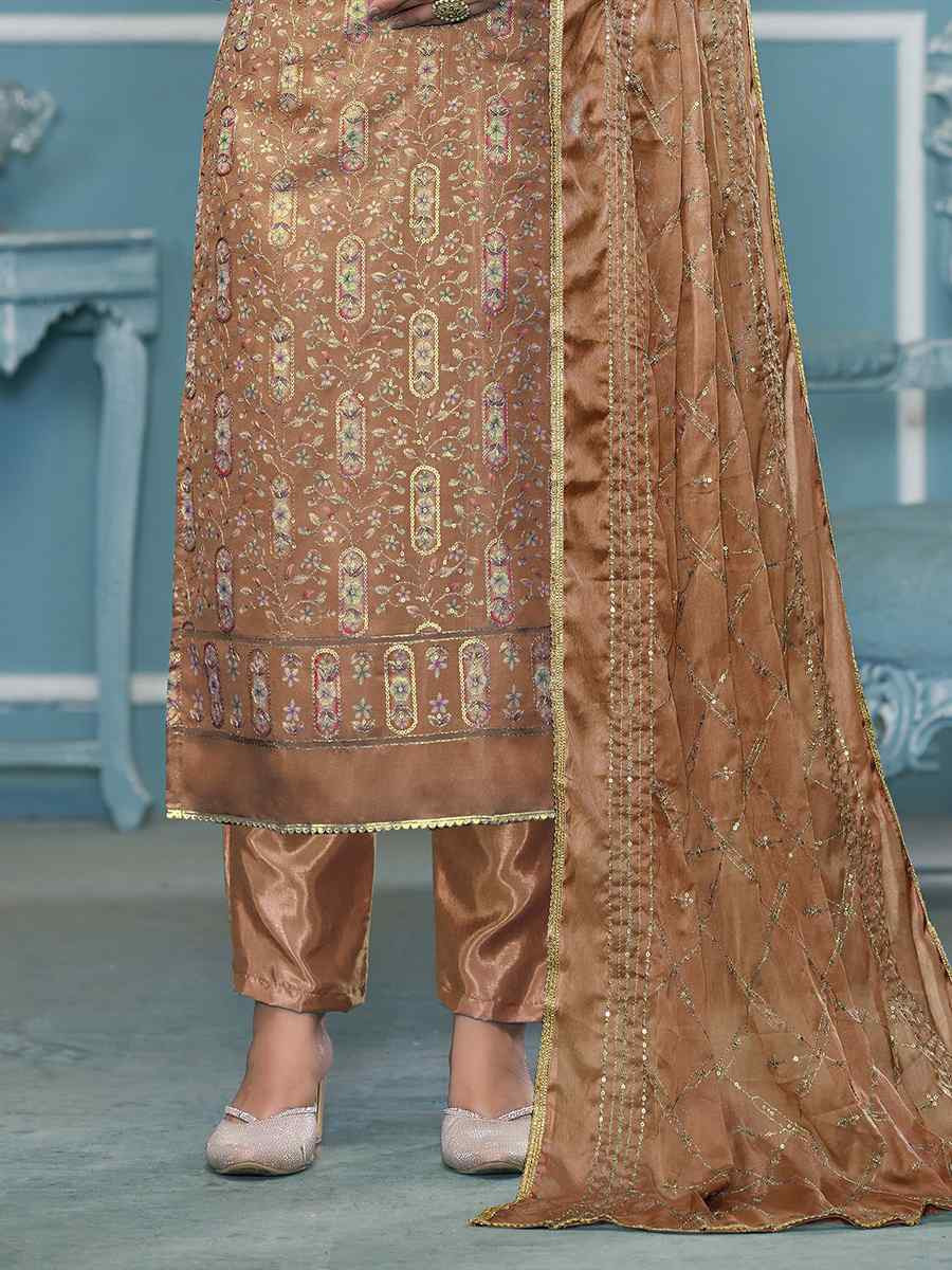 Brown Viscose Organza Embroidered Wedding Festival Pant Salwar Kameez