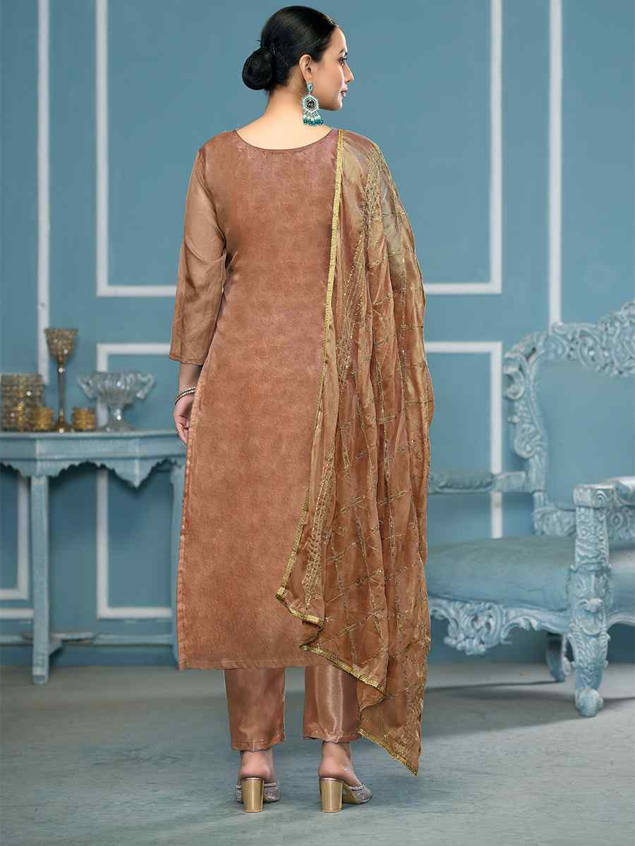 Brown Viscose Organza Embroidered Wedding Festival Pant Salwar Kameez