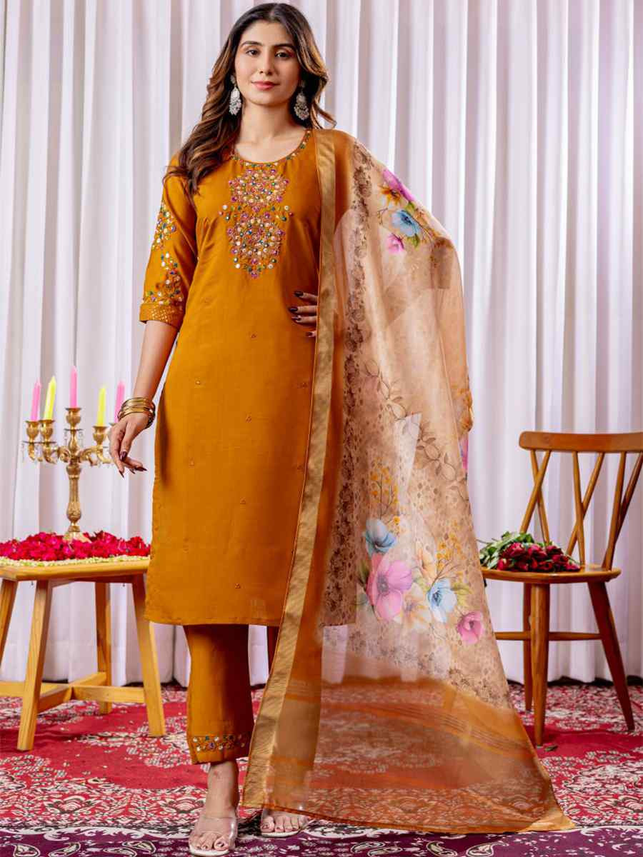 Brown Viscose Silk Embroidered Party Wedding Ready Pant Salwar Kameez