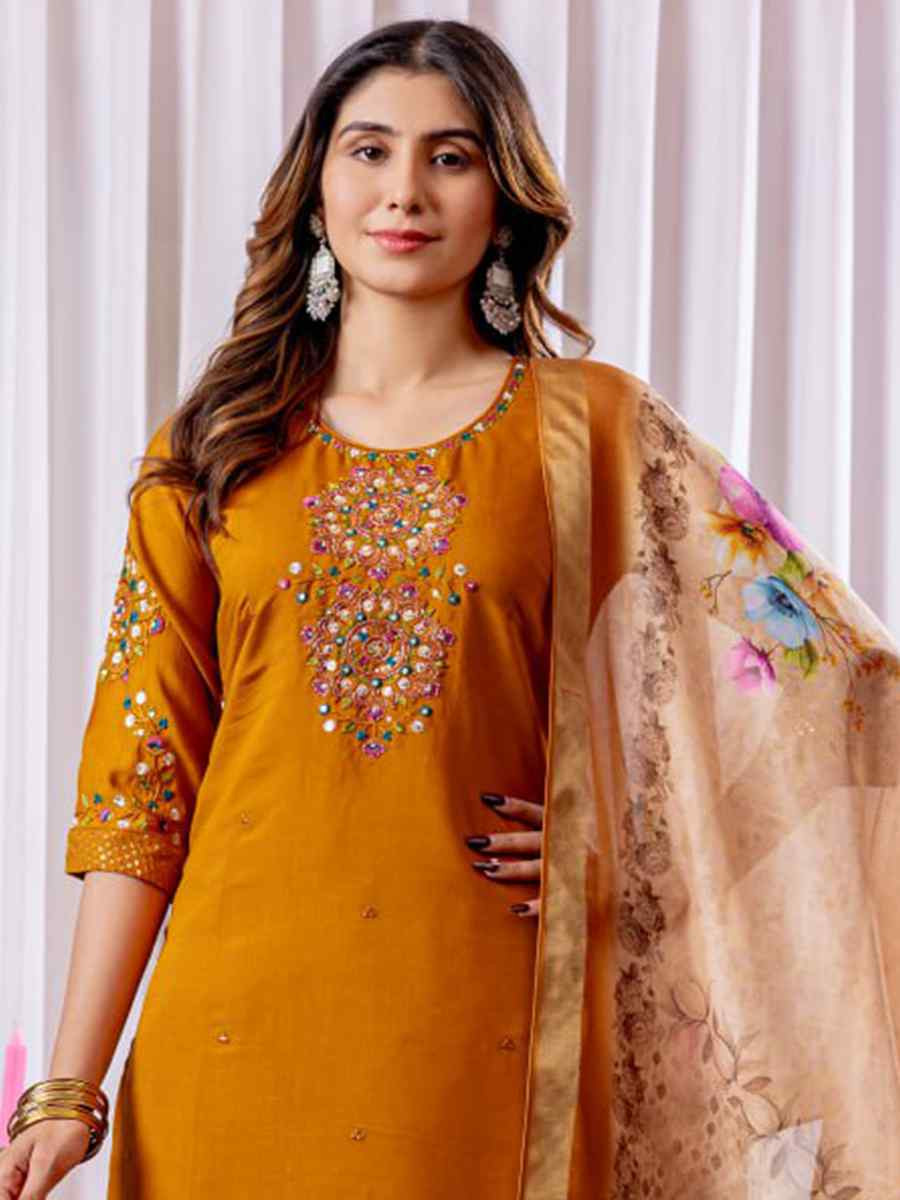 Brown Viscose Silk Embroidered Party Wedding Ready Pant Salwar Kameez