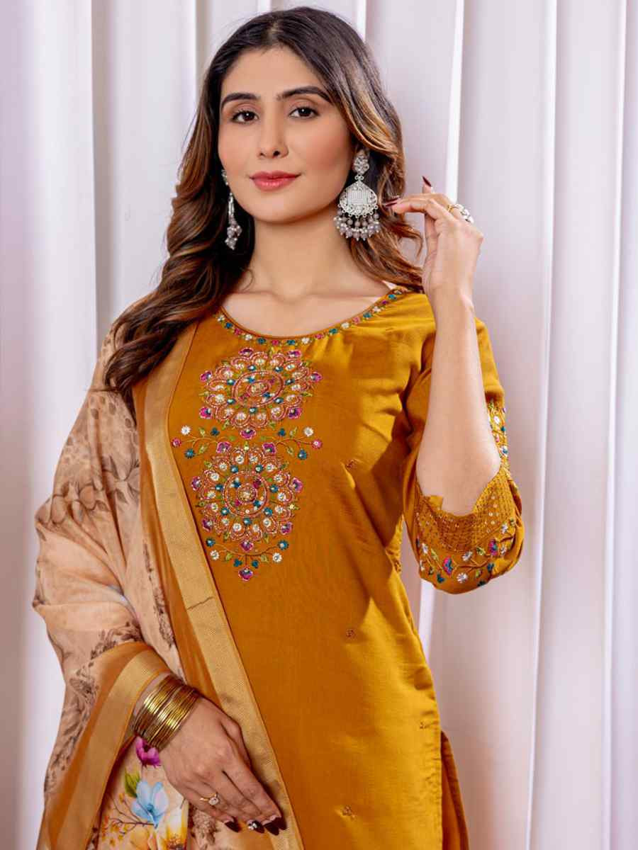 Brown Viscose Silk Embroidered Party Wedding Ready Pant Salwar Kameez