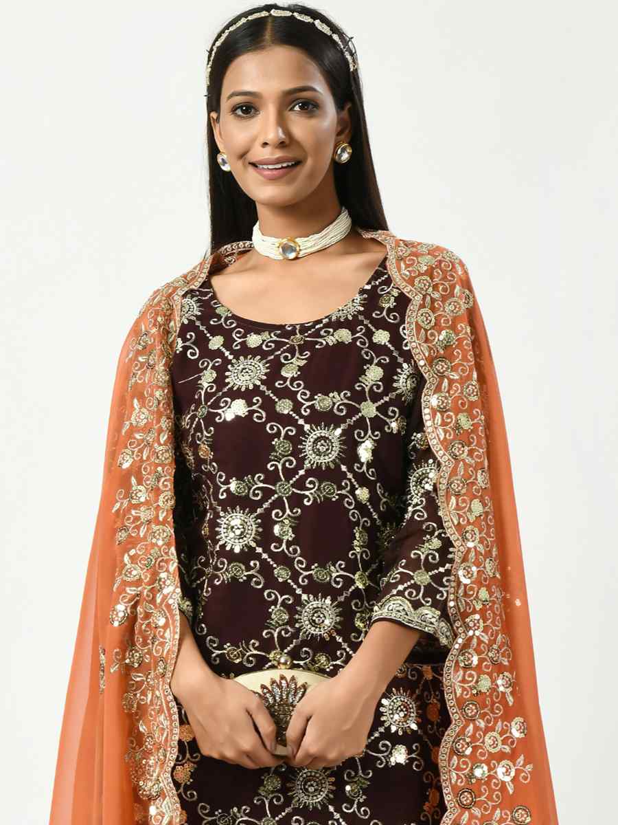 Brown Viscose Velvet Embroidered Festival Mehendi Ready Patiala Salwar Kameez