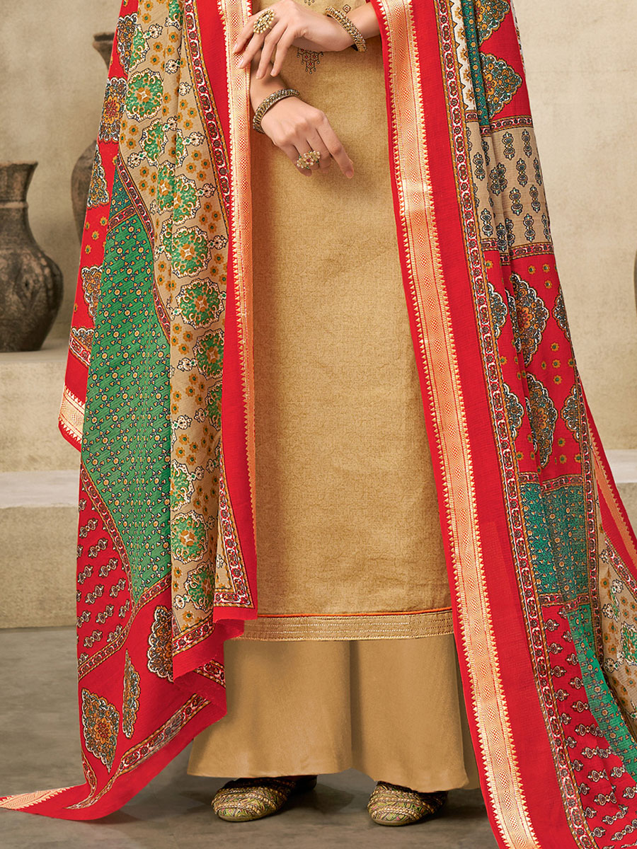 Buff Yellow Cotton Embroidered Festival Palazzo Pant Kameez
