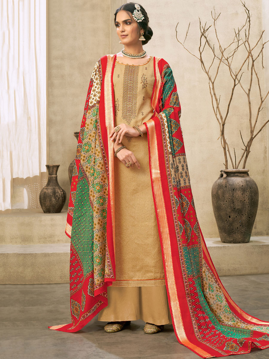 Buff Yellow Cotton Embroidered Festival Palazzo Pant Kameez