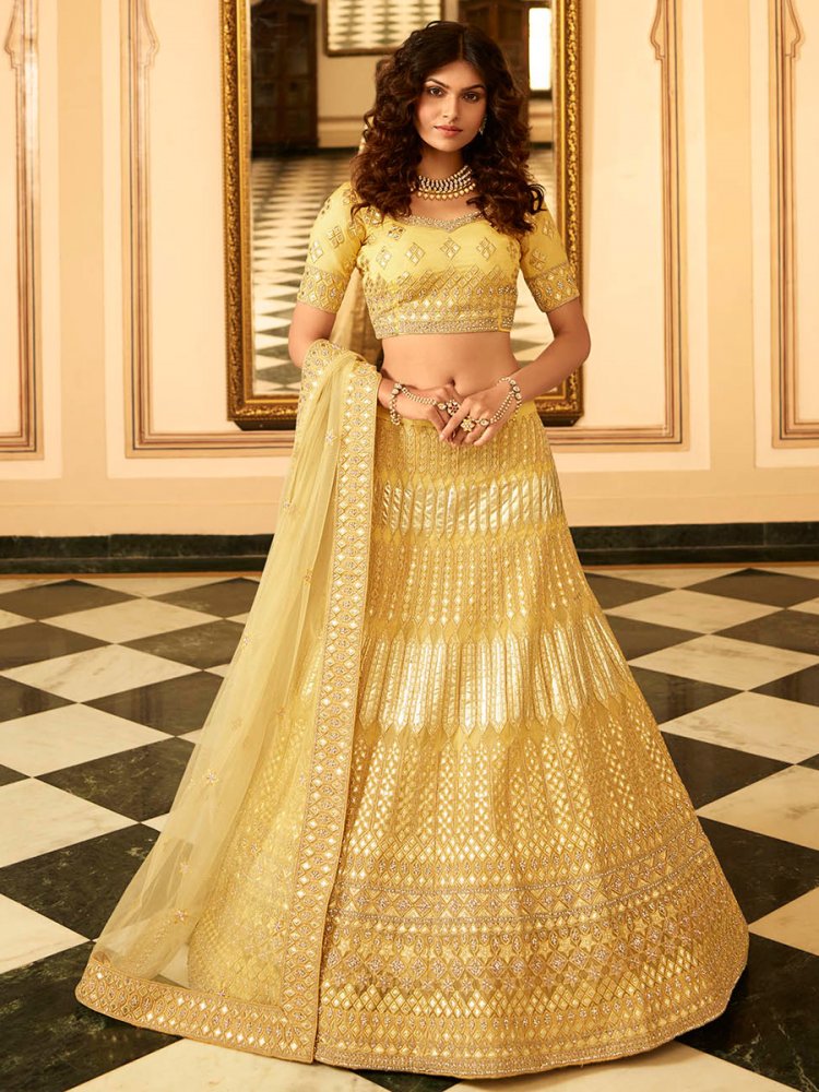 Buff Yellow Organza Embroidered Wedding Lehenga Choli