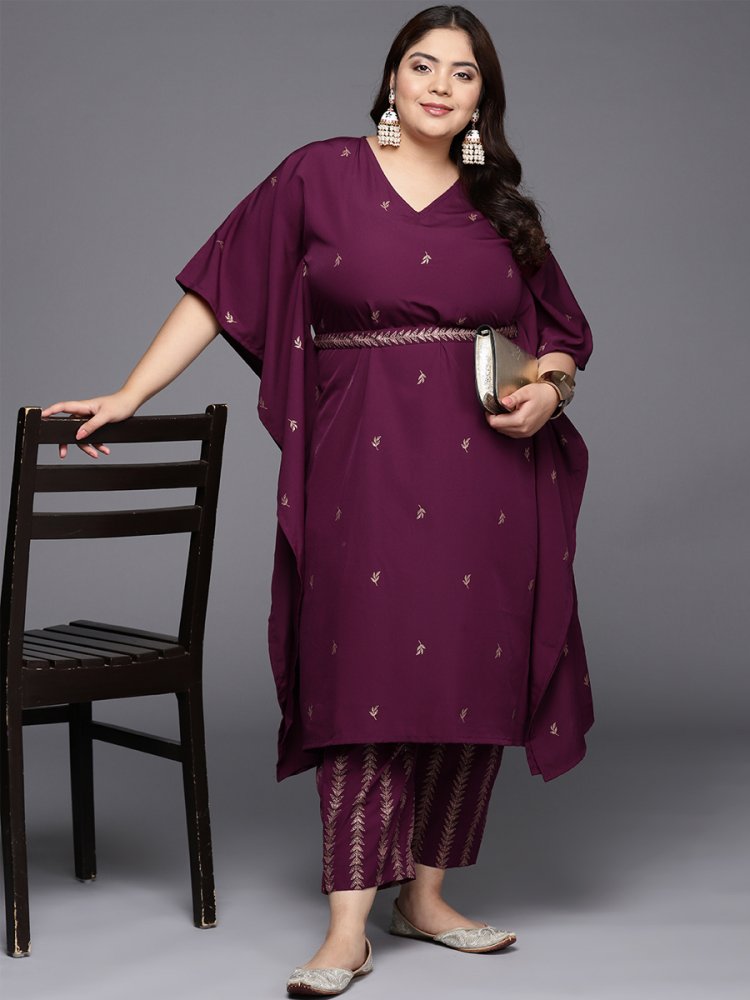 Burgendy Poly Crepe Printed Festival Casual Kurti