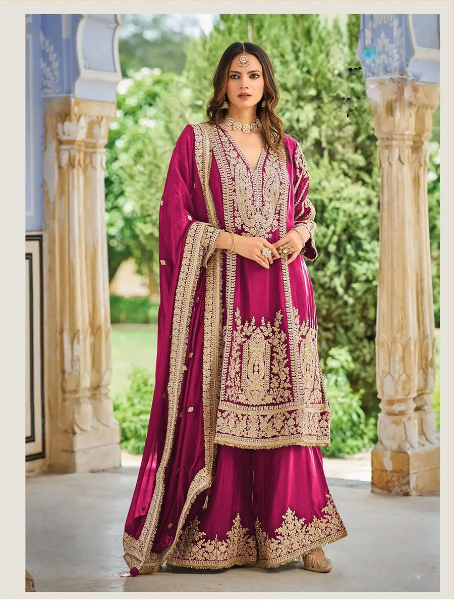 Burgunday Heavy Chinon Embroidery Sequins Zari Wedding Party Festival Casual Ready Palazzo Pant Salwar Kameez