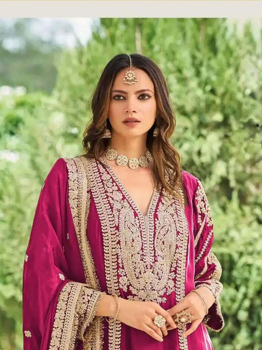 Burgunday Heavy Chinon Embroidery Sequins Zari Wedding Party Festival Casual Ready Palazzo Pant Salwar Kameez