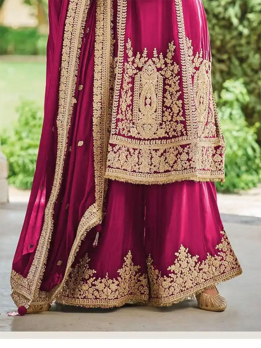 Burgunday Heavy Chinon Embroidery Sequins Zari Wedding Party Festival Casual Ready Palazzo Pant Salwar Kameez