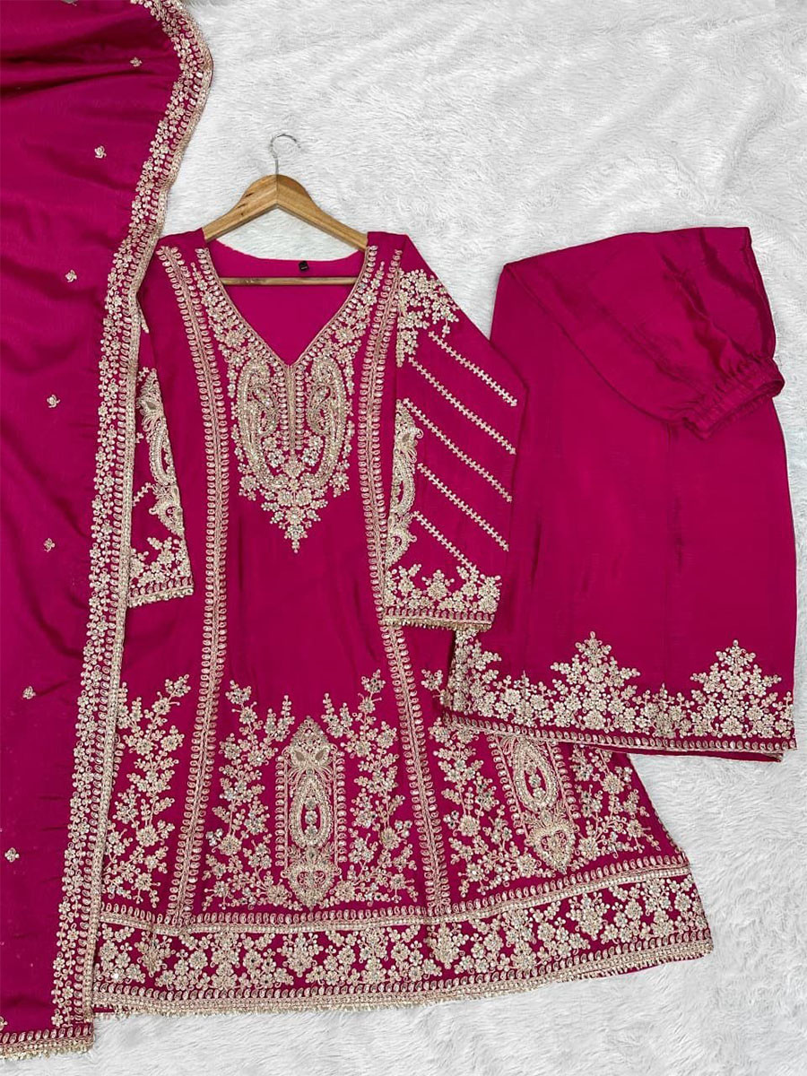 Burgunday Heavy Chinon Embroidery Sequins Zari Wedding Party Festival Casual Ready Palazzo Pant Salwar Kameez