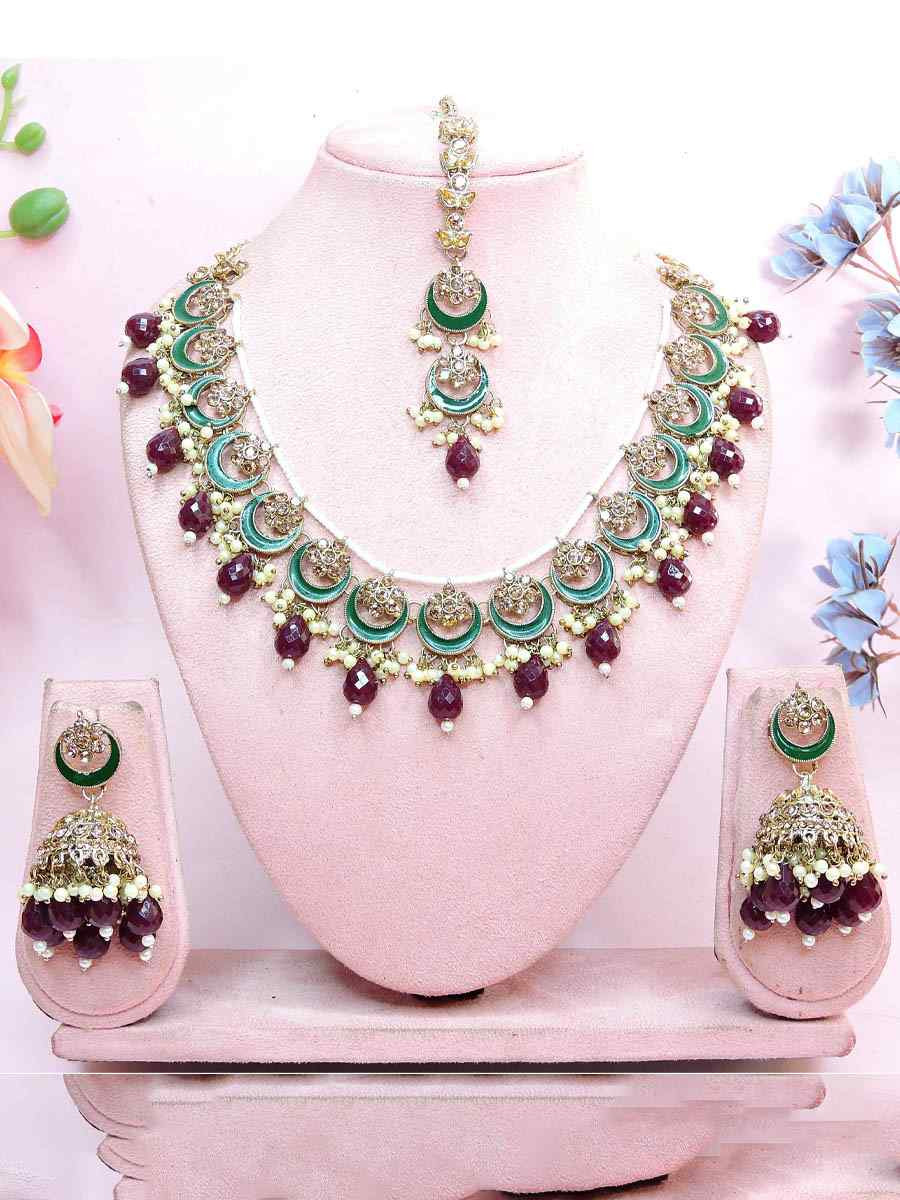 Burgundy Alloy Metal Festival Wear Kundan Necklace
