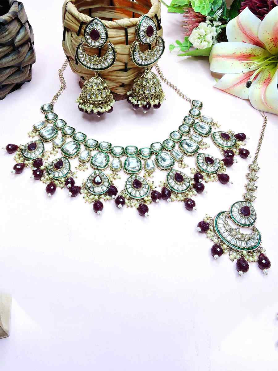 Burgundy Alloy Metal Festival Wear Kundan Necklace