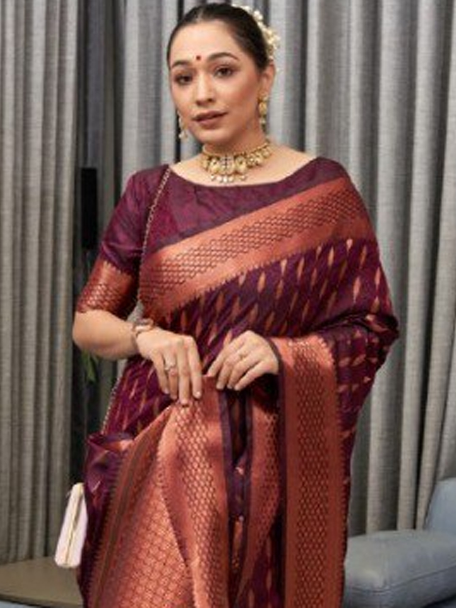 Burgundy Banarasi Soft Silk Handwoven Wedding Festival Heavy Border Saree