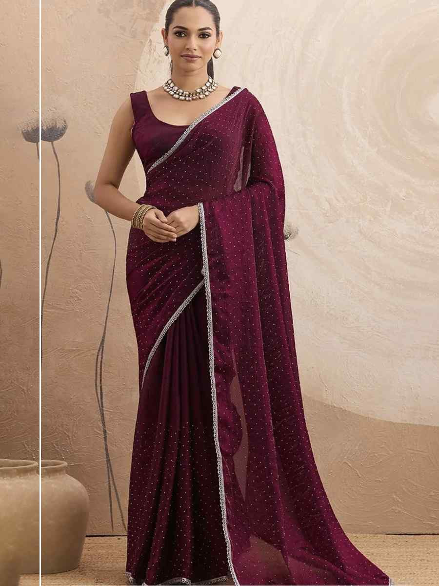 Burgundy Chiffon Plain Diamond Work Casual Reception Festival Wedding Fancy Classic Style Sarees