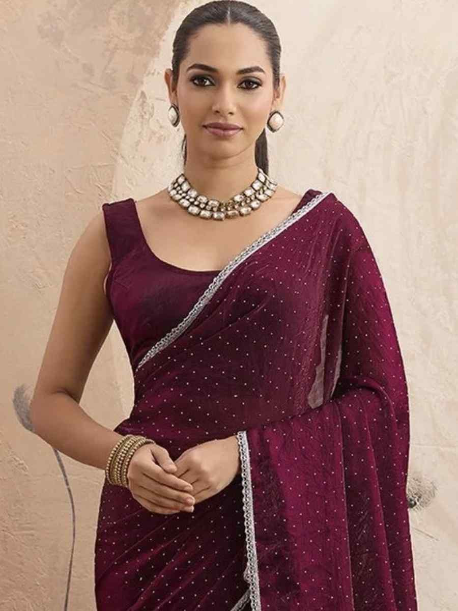 Burgundy Chiffon Plain Diamond Work Casual Reception Festival Wedding Fancy Classic Style Sarees