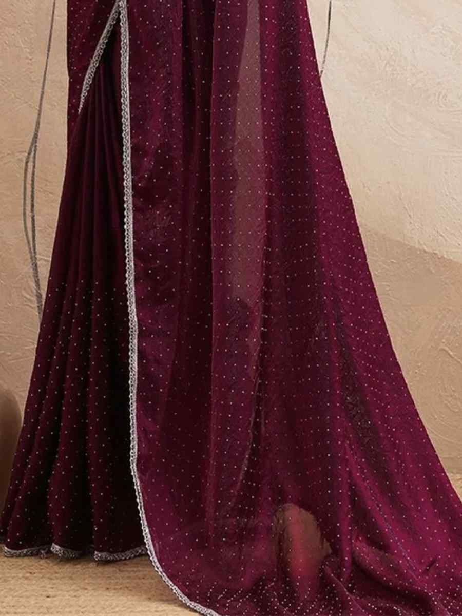 Burgundy Chiffon Plain Diamond Work Casual Reception Festival Wedding Fancy Classic Style Sarees