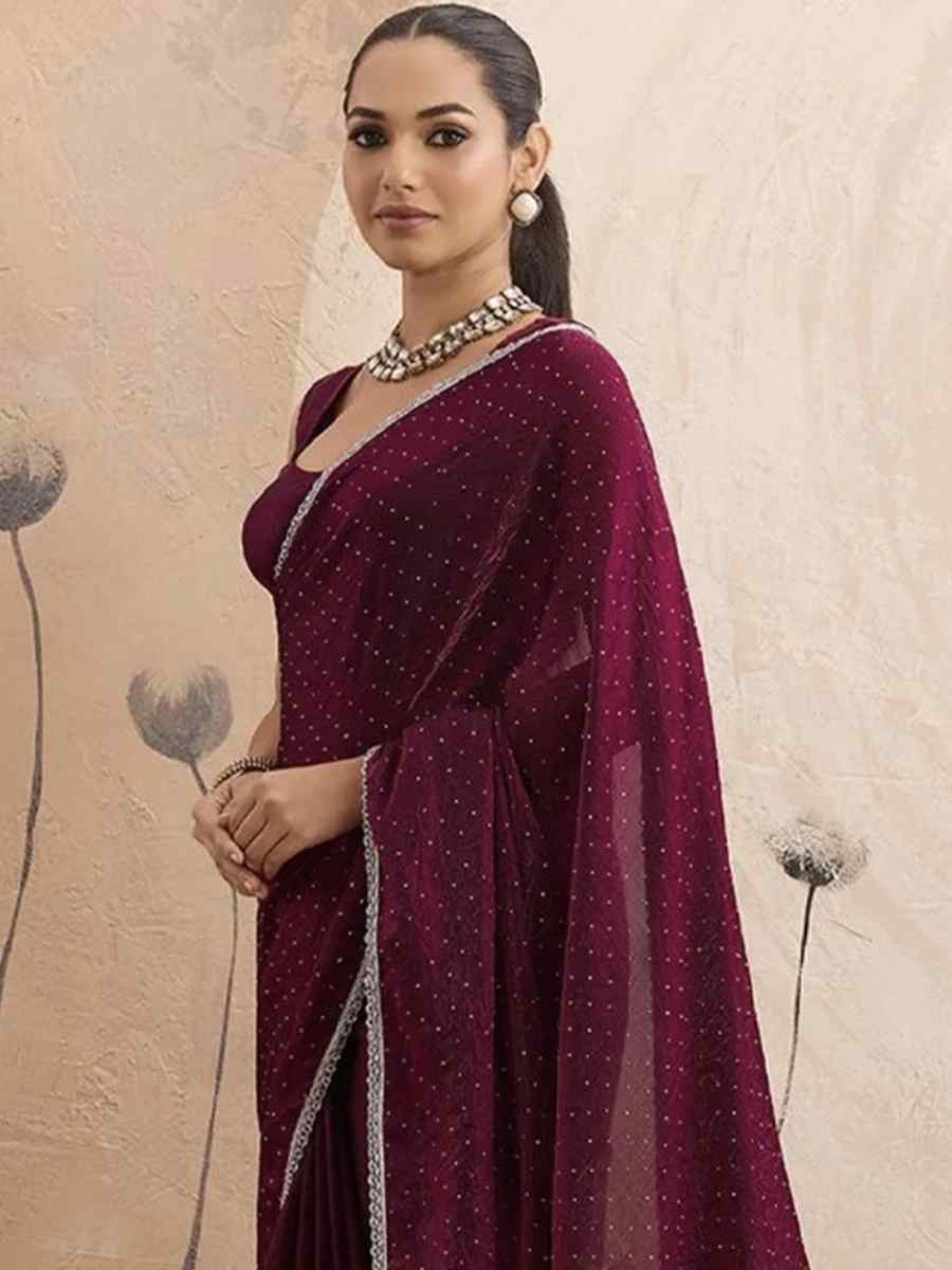 Burgundy Chiffon Plain Diamond Work Casual Reception Festival Wedding Fancy Classic Style Sarees