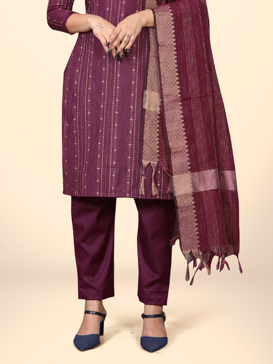 Burgundy Cotton Jacquard Printed Casual Festival Pant Salwar Kameez