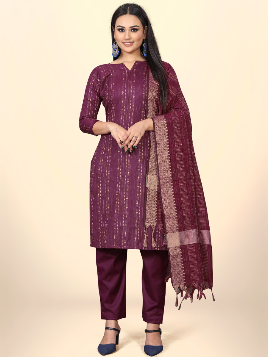 Burgundy Cotton Jacquard Printed Casual Festival Pant Salwar Kameez
