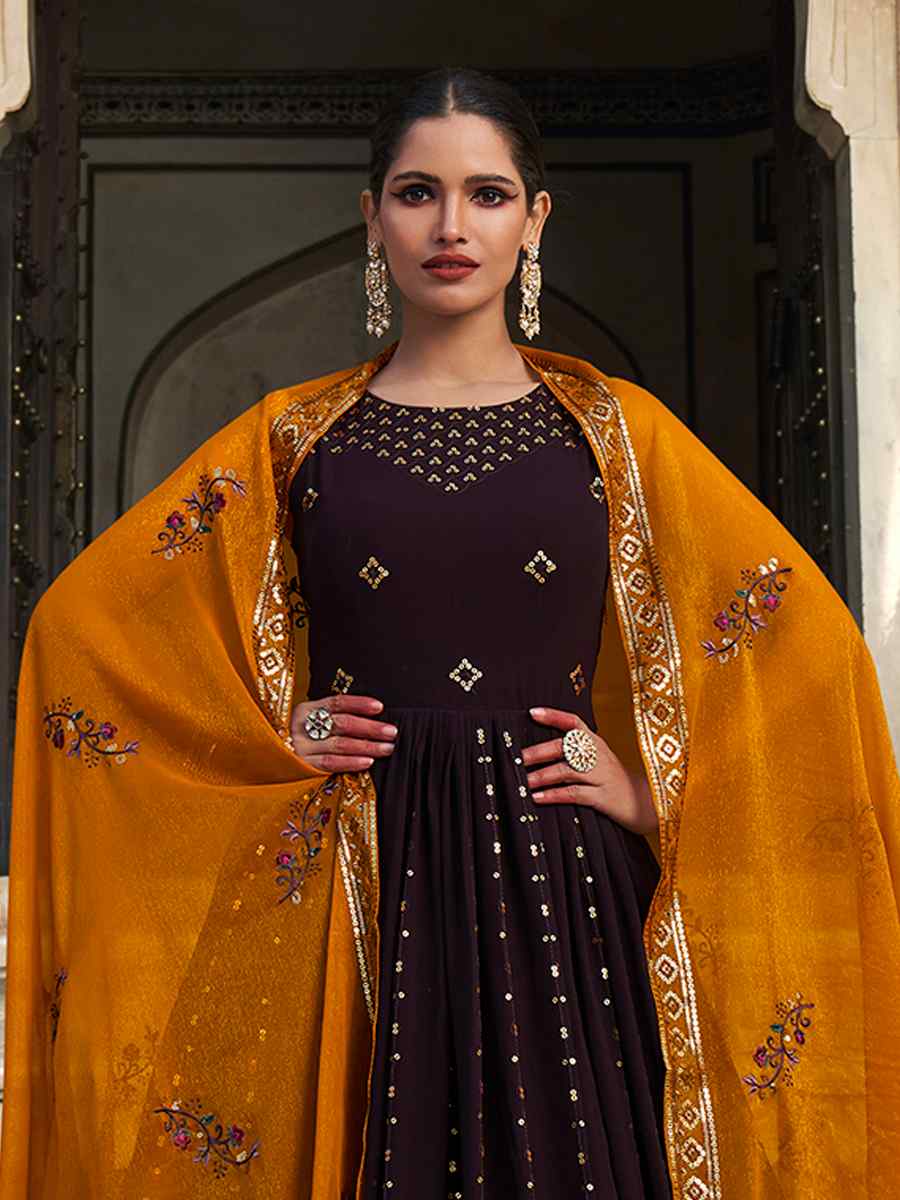 Burgundy Georgette Embroidered Festival Party Gown