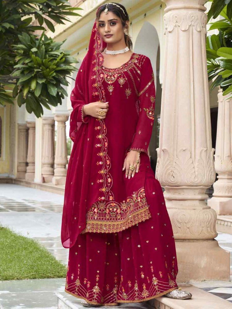 Burgundy Georgette Embroidered Wedding Festival Sharara Pant Salwar Kameez