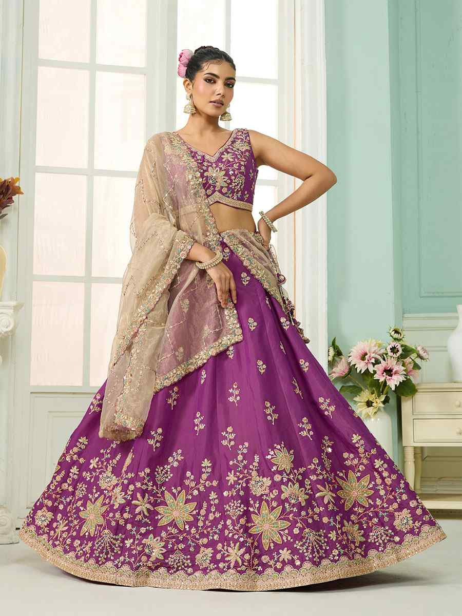 Burgundy Georgette Embroidered Wedding Reception Festival Heavy Border Lehenga Choli