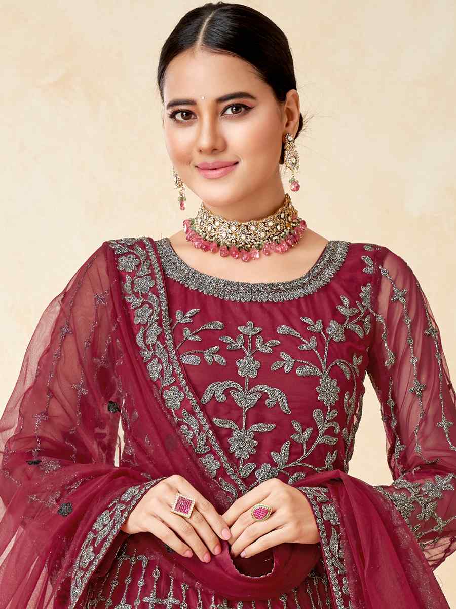 Burgundy Net Embroidered Wedding Festival Anarkali Salwar Kameez