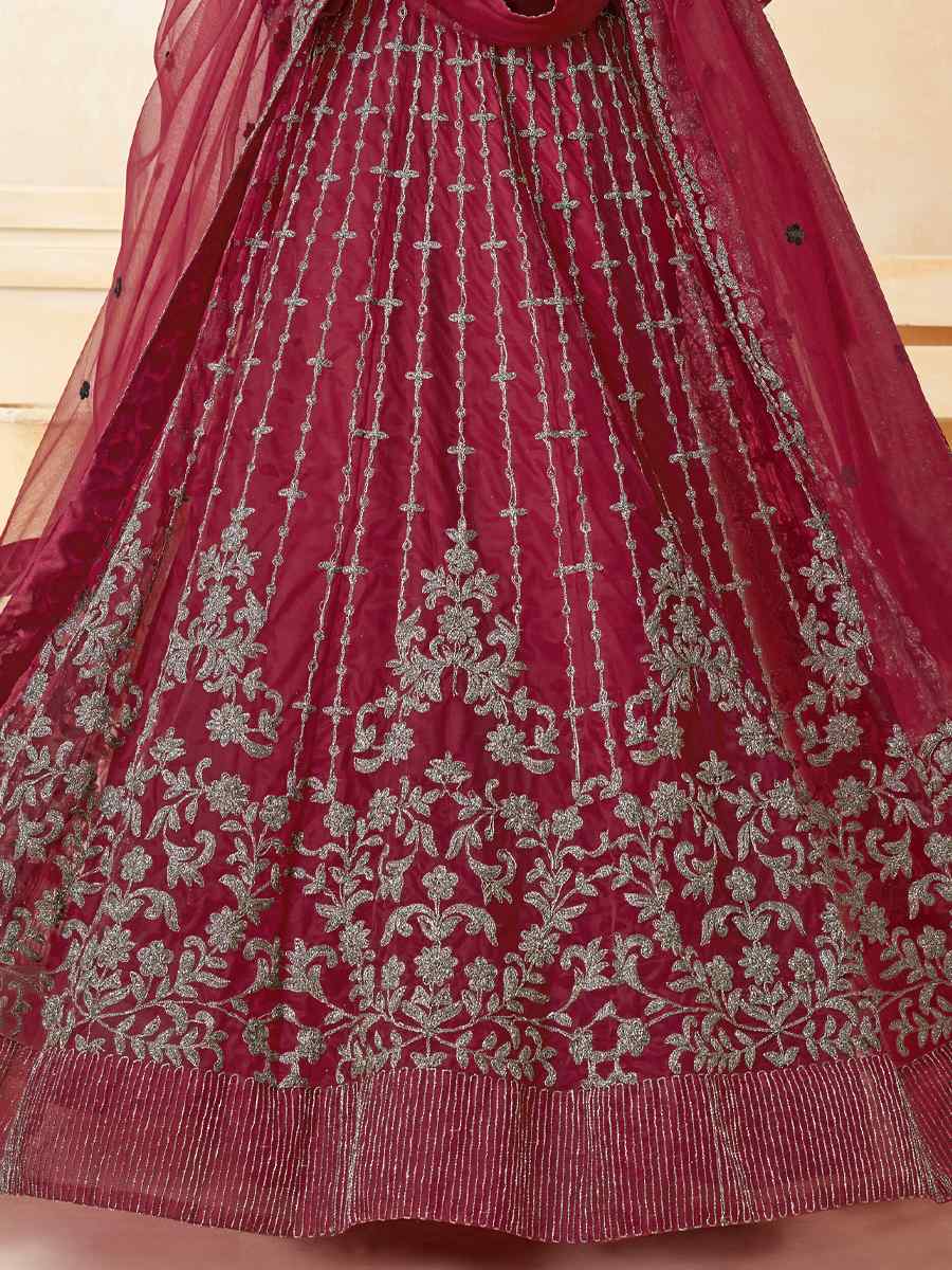 Burgundy Net Embroidered Wedding Festival Anarkali Salwar Kameez