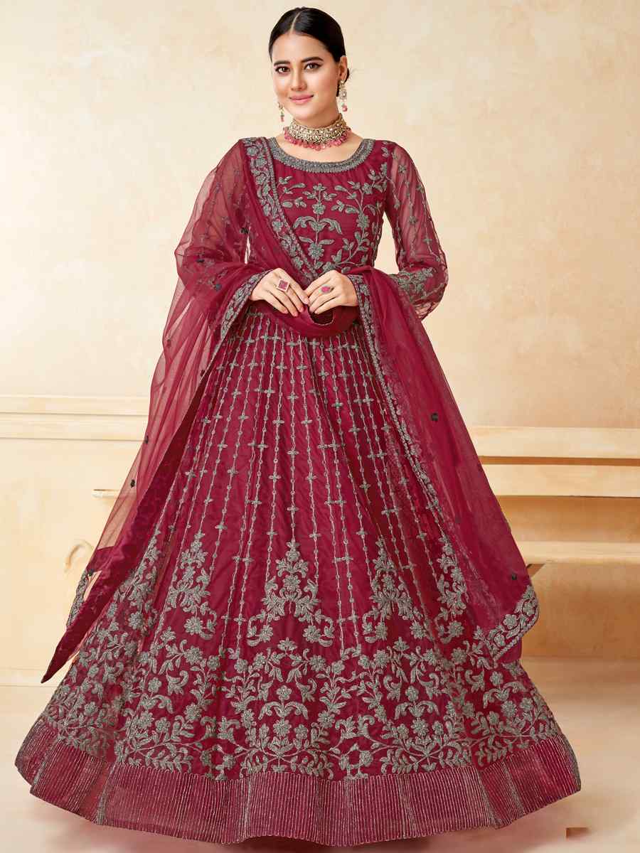 Burgundy Net Embroidered Wedding Festival Anarkali Salwar Kameez