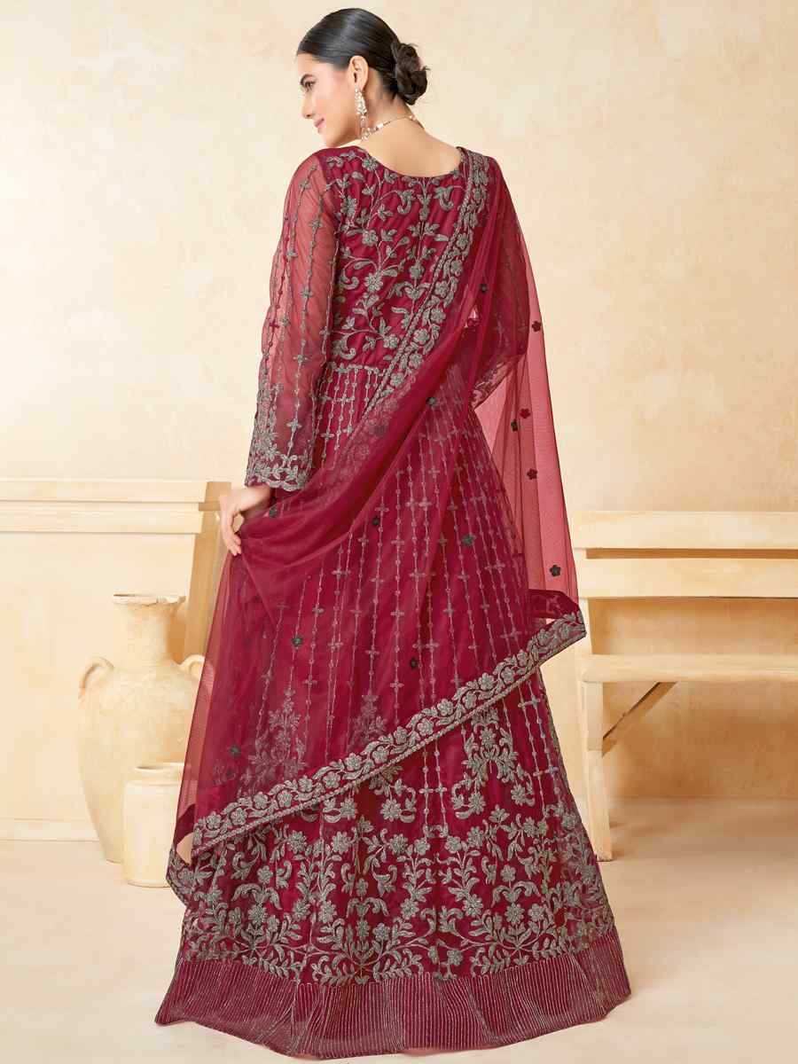 Burgundy Net Embroidered Wedding Festival Anarkali Salwar Kameez