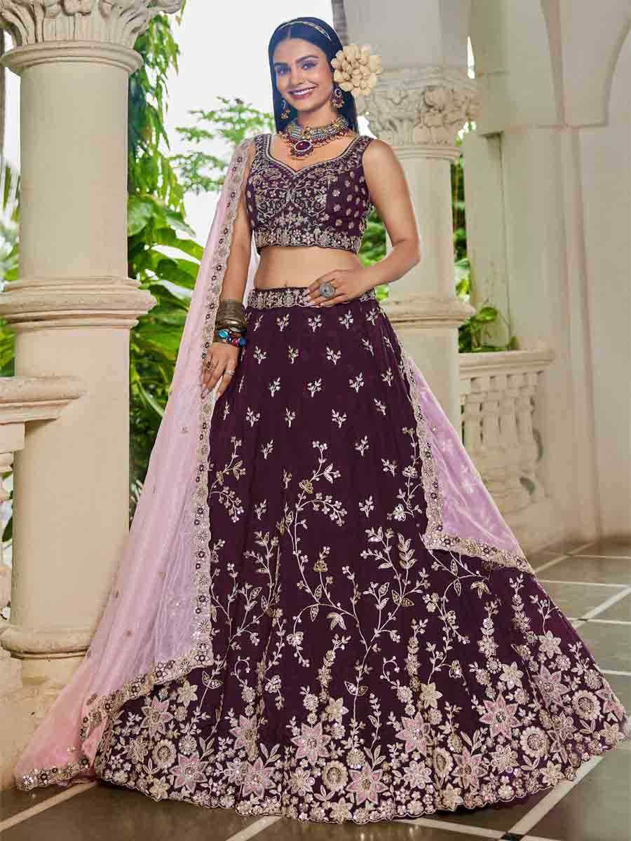Burgundy Organza Embroidered Festival Reception Wedding Party Wear Heavy Border Lehenga Choli