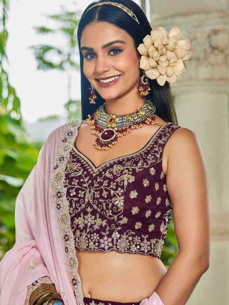 Burgundy Organza Embroidered Festival Reception Wedding Party Wear Heavy Border Lehenga Choli