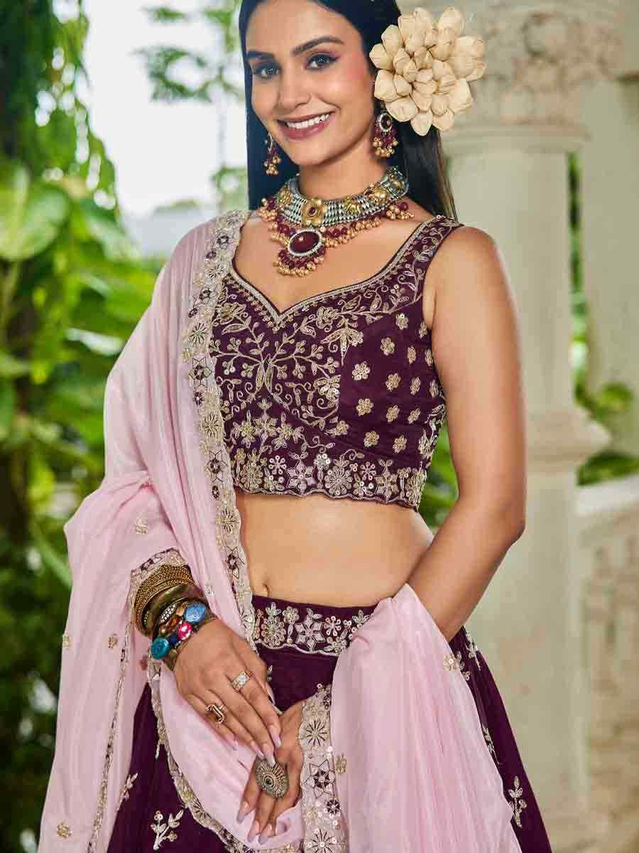 Burgundy Organza Embroidered Festival Reception Wedding Party Wear Heavy Border Lehenga Choli